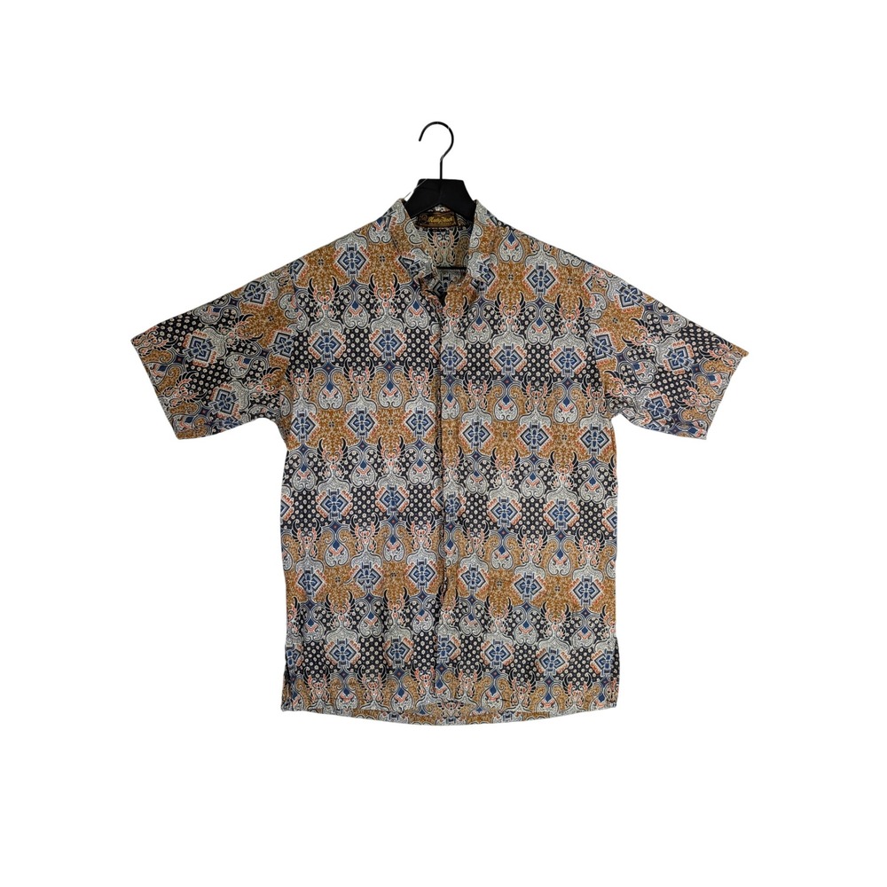 Batik Mulyo Hadi Solo Indonesia-Mens Large Short Sleeve Button Down Shirt Blue L